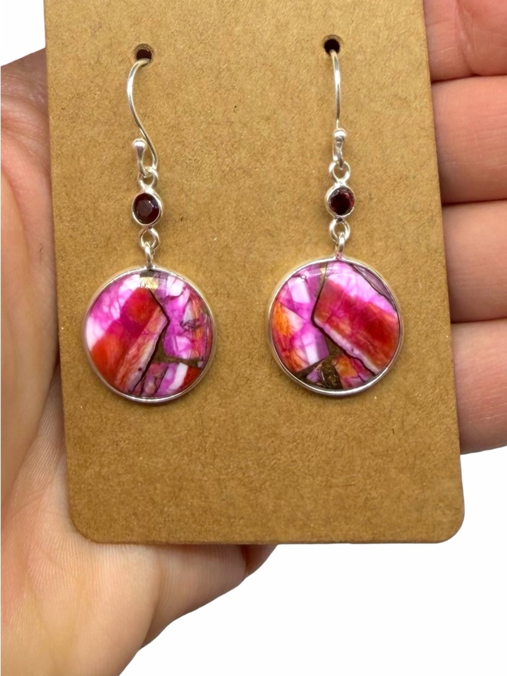 Kingman Mine Pink Dahlia Turquoise Earrings Solid 925 Sterling Silver Dangle - Picture 3 of 5